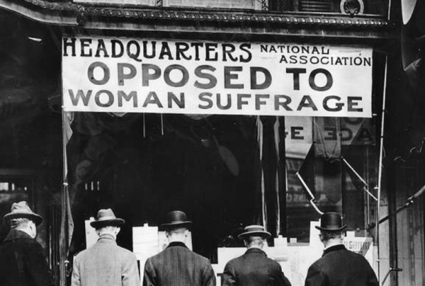 Men at Booth: Headquarters, National Association Opposed to Woman Suffrage